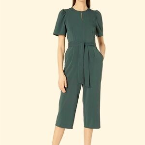 Lark & Ro Puff Sleeve Split Neck Belted Crop Length Jumpsuit NWT - Size 10